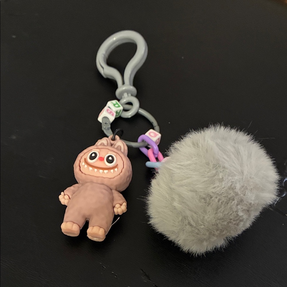 Cute Character Keychain with Soft Gray Pom Pom